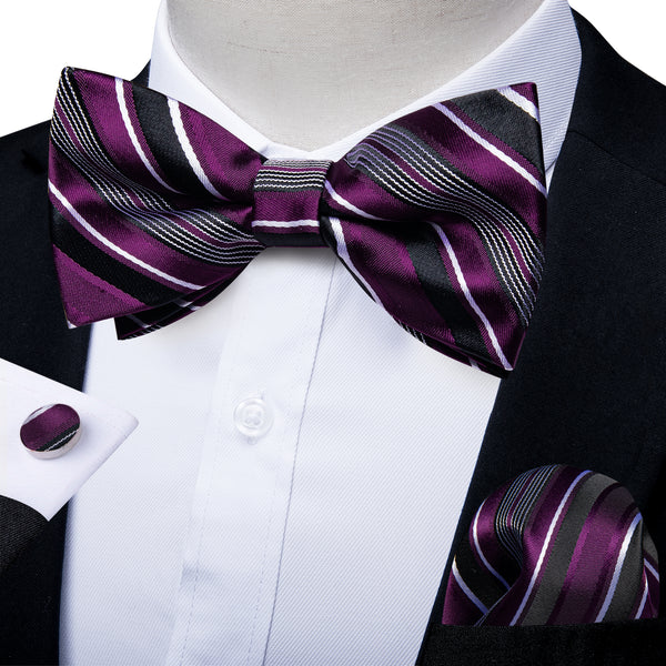 Black Purple Striped Men's Pre-tied Bowtie Pocket Square Cufflinks Set