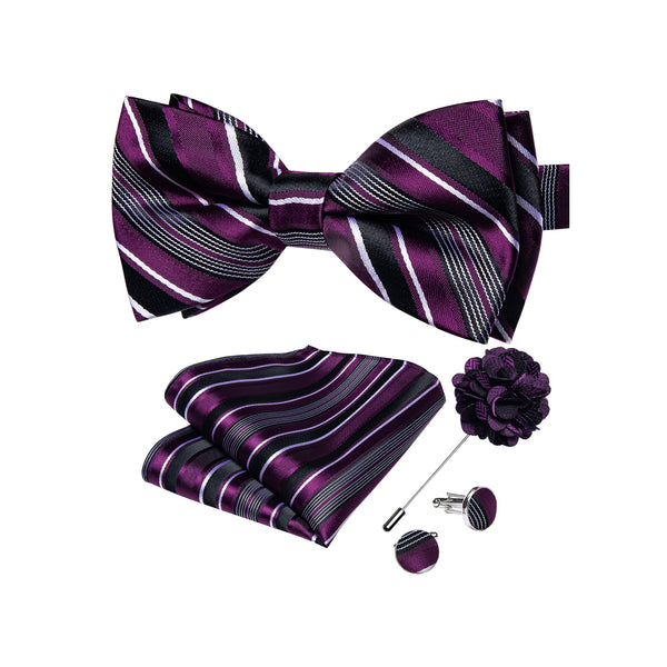 Black Purple Striped Men's Pre-tied Bowtie Pocket Square Cufflinks Set with Lapel Pin