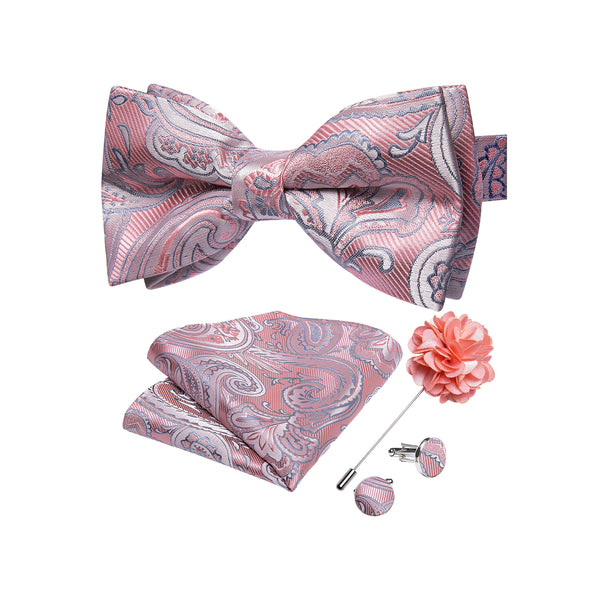 Pink Paisley Men's Pre-tied Bowtie Pocket Square Cufflinks Set with Lapel Pin