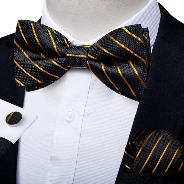 Black Golden Striped Men's Pre-tied Bowtie Pocket Square Cufflinks Set
