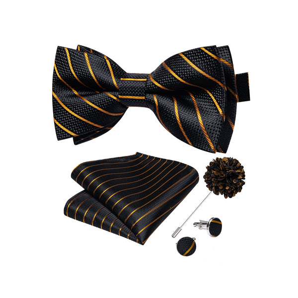 Black Golden Striped Men's Pre-tied Bowtie Pocket Square Cufflinks Set with Lapel Pin