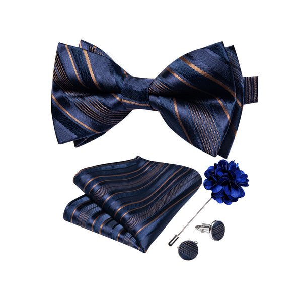 Navy Blue Striped Men's Pre-tied Bowtie Pocket Square Cufflinks Set with Lapel Pin