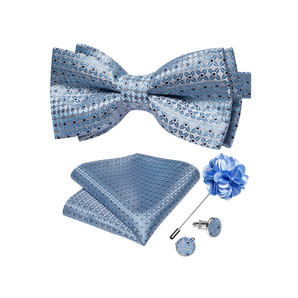 Baby Blue Plaid Men's Pre-tied Bowtie Pocket Square Cufflinks Set with Lapel Pin