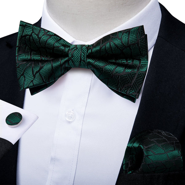 Green Black Striped Silk Pre-tied Bow Tie Hanky Cufflinks Set