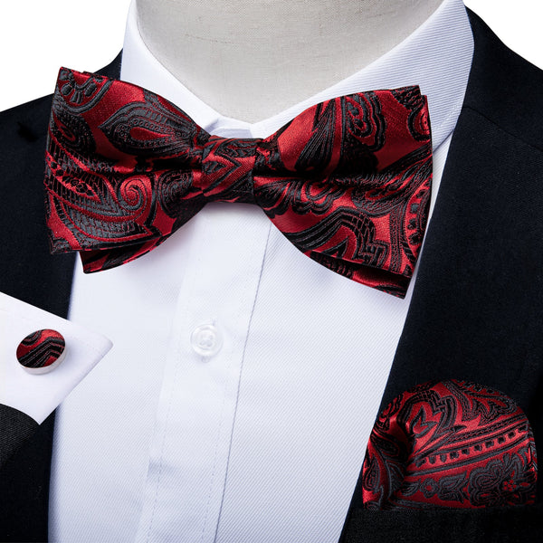 Red Black Floral Silk Pre-tied Bow Tie Hanky Cufflinks Set