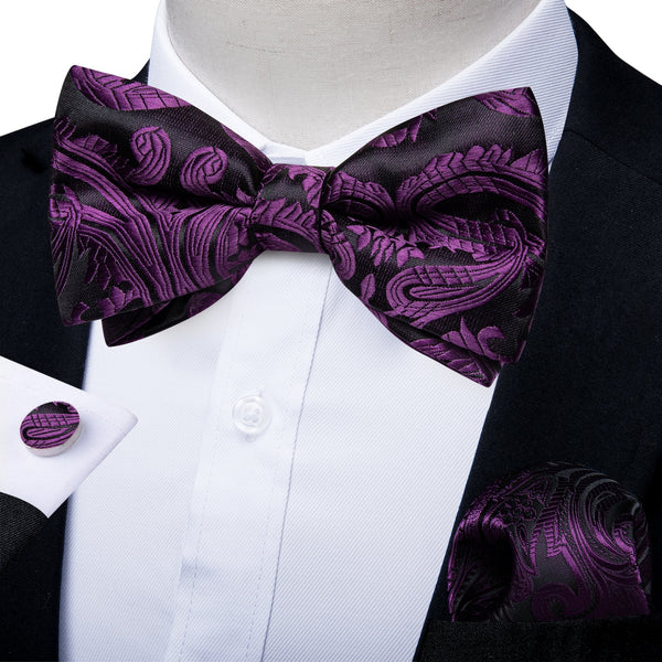 Black Purple Floral Silk Pre-tied Bow Tie Hanky Cufflinks Set
