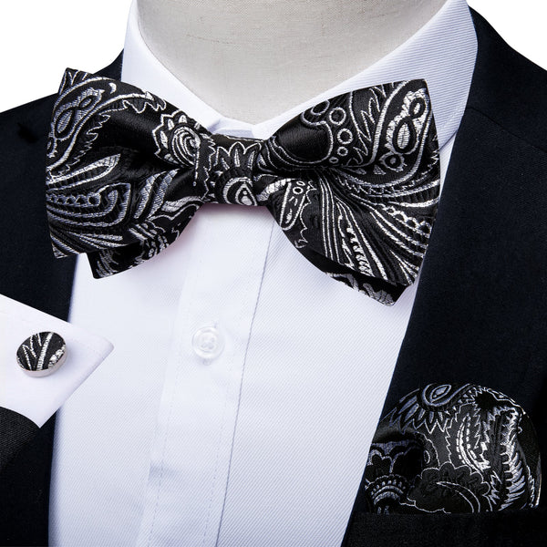Black Silver Floral Silk Pre-tied Bow Tie Hanky Cufflinks Set