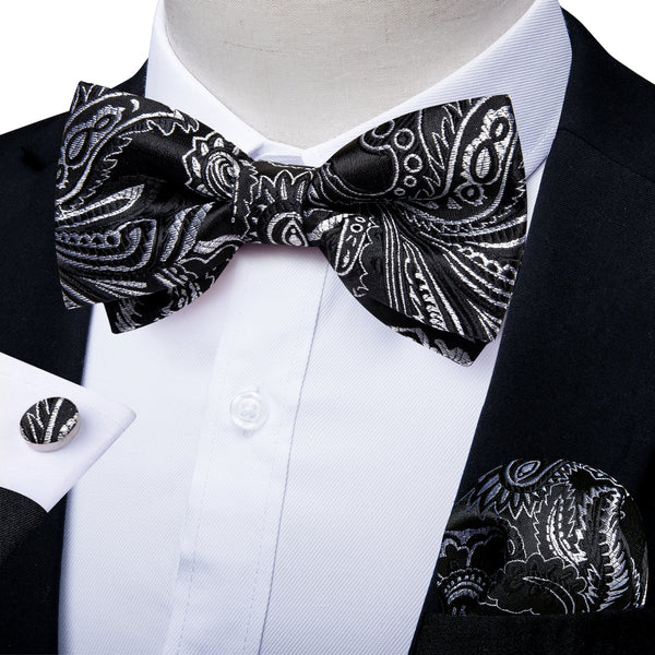 Ties2you Grey Floral Bowtie Pre-tied Formal Bow Tie Handkerchief Cufflinks Set