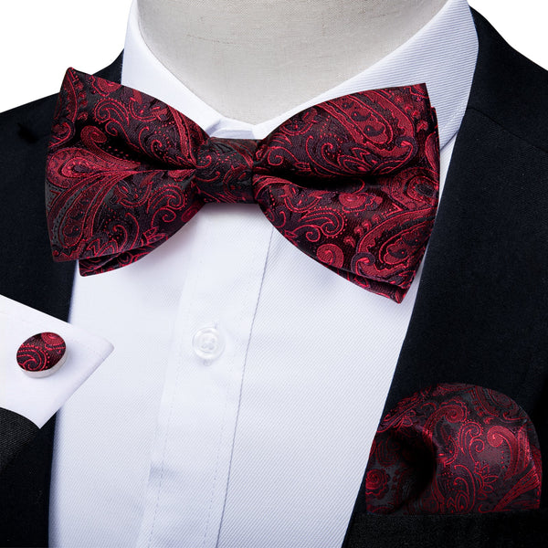 Red Floral Silk Self-tied Bow Tie Hanky Cufflinks Set