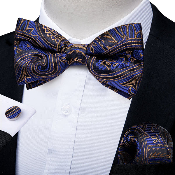 Blue Black Golden Floral Silk Self-tied Bow Tie Hanky Cufflinks Set