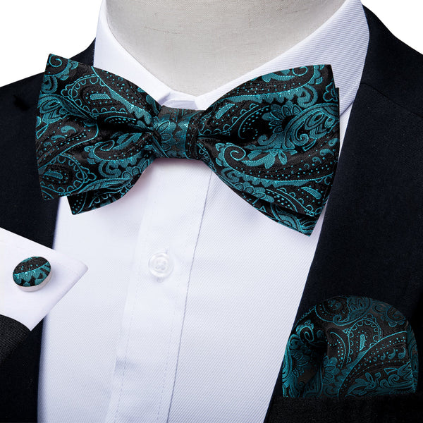 Black Green Floral Silk Pre-tied Bow Tie Hanky Cufflinks Set