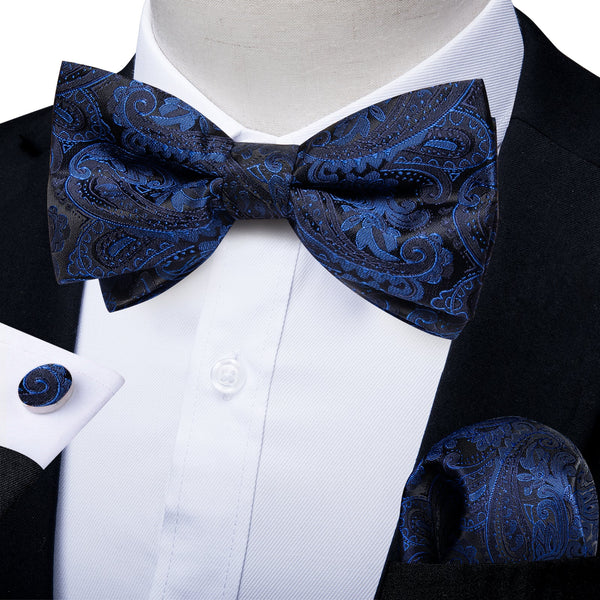 Blue Floral Silk Pre-tied Bow Tie Hanky Cufflinks Set