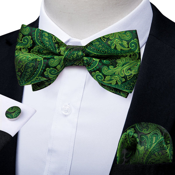 Tender Green Floral Silk Pre-tied Bow Tie Hanky Cufflinks Set