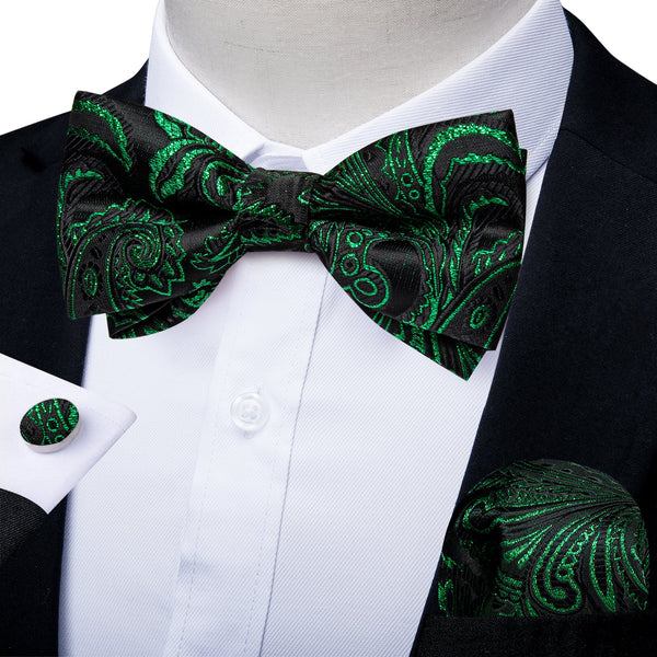 Black Green Golden Floral Silk Pre-tied Bow Tie Hanky Cufflinks Set