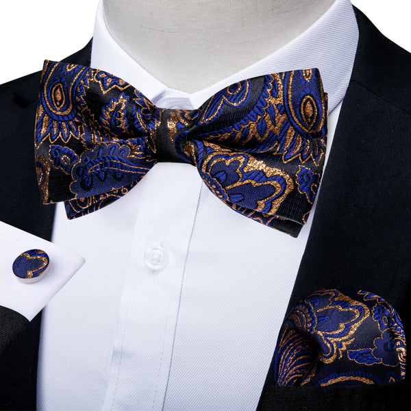 Blue Golden Floral Silk Pre-tied Bow Tie Hanky Cufflinks Set