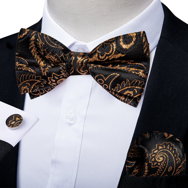 Black Golden Floral Silk Pre-tied Bow Tie Hanky Cufflinks Set