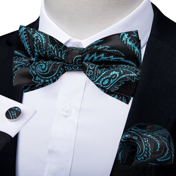 Black Blue Floral Silk Pre-tied Bow Tie Hanky Cufflinks Set