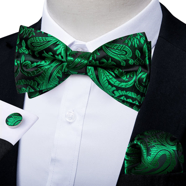 Green Floral Silk Pre-tied Bow Tie Hanky Cufflinks Set