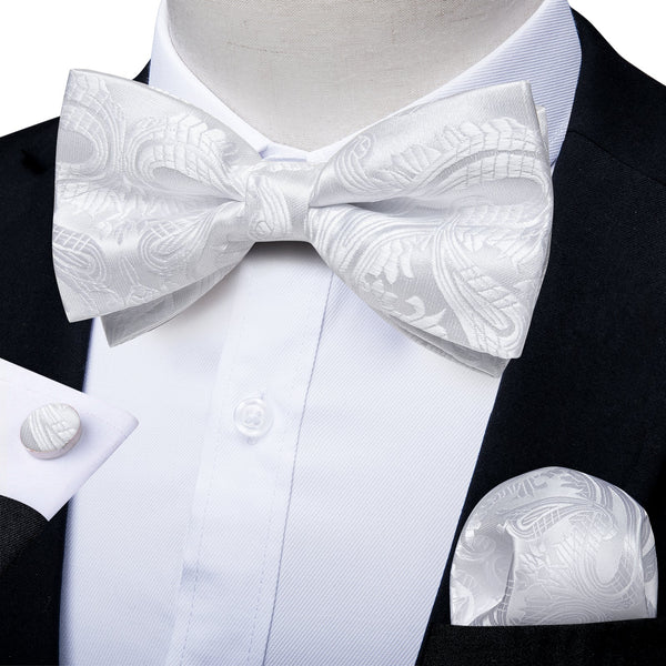 White Floral Silk Pre-tied Bow Tie Hanky Cufflinks Set