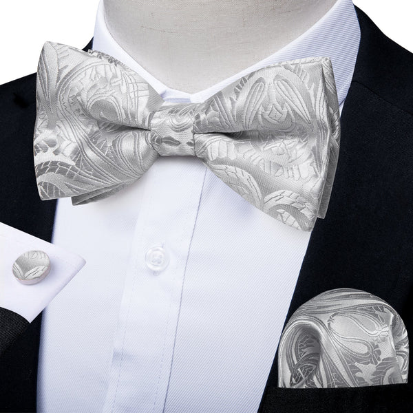 Silver Grey Floral Silk Pre-tied Bow Tie Hanky Cufflinks Set