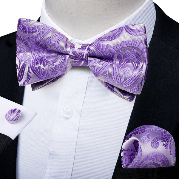 Silver Blue Purple Floral Silk Pre-tied Bow Tie Hanky Cufflinks Set