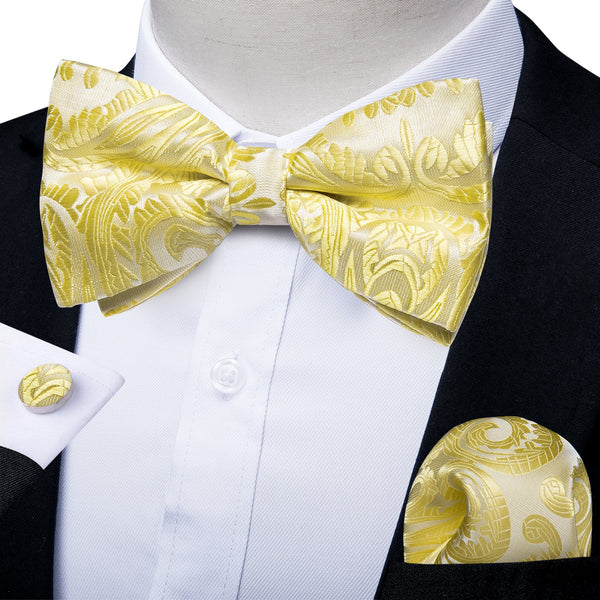 Yellow Floral Silk Pre-tied Bow Tie Hanky Cufflinks Set