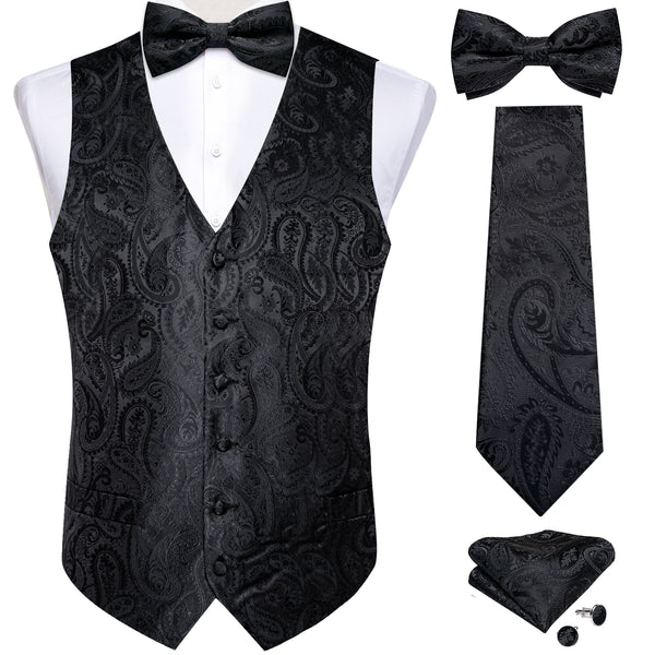 Luxury Black Paisley Jacquard Silk Men's Vest Hanky Cufflinks Bowtie Necktie Set