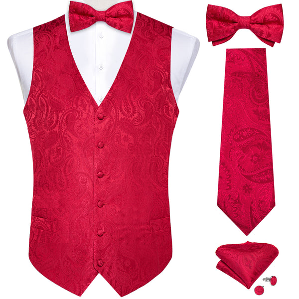 Luxury Red Paisley Jacquard Silk Men's Vest Hanky Cufflinks Necktie Bowtie Set