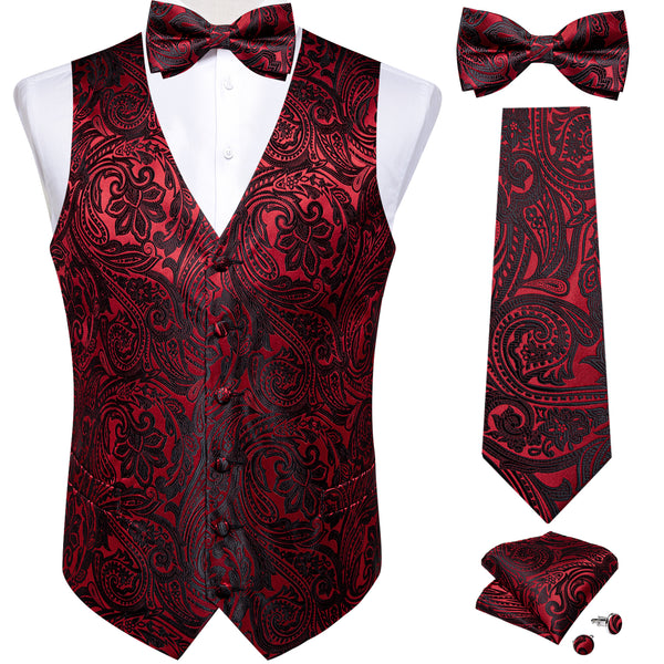 Red Black Paisley Jacquard Silk Men's Vest Hanky Cufflinks Necktie Bowtie Set