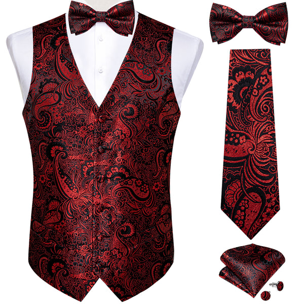 New Black Red Paisley Jacquard Silk Men's Vest Hanky Cufflinks Tie Set