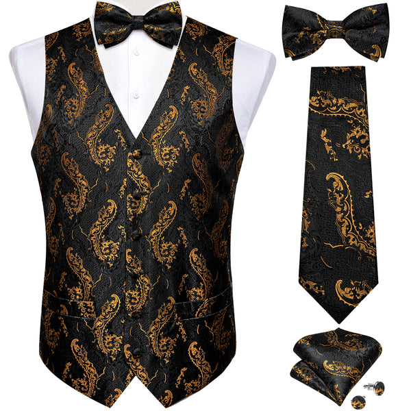 Luxury Black Golden Floral Men's Vest Necktie Bowtie Hanky Cufflinks Set