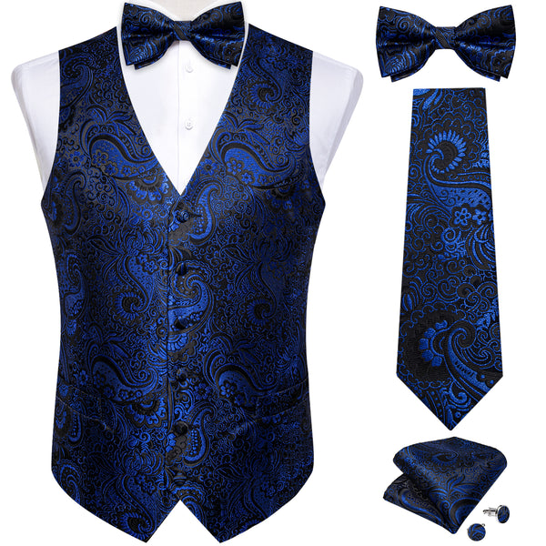 Dark Blue Paisley Jacquard Silk Men's Vest Hanky Cufflinks Necktie Bowtie Set