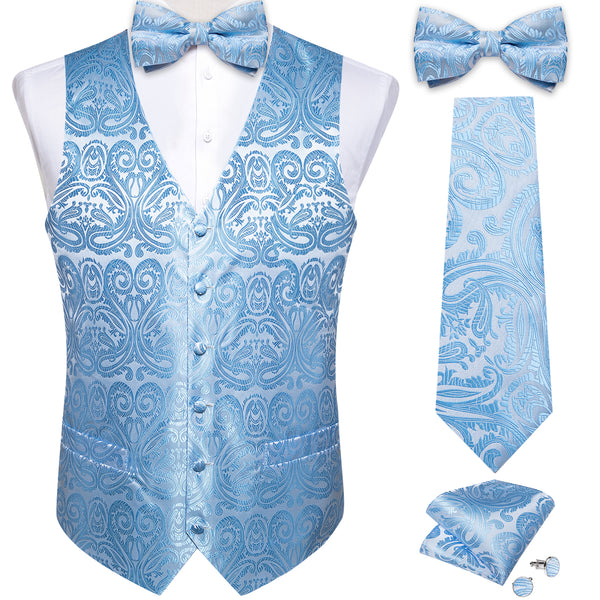 Sky Blue Paisley Jacquard Silk Men's Vest Hanky Cufflinks Necktie Bowtie Set