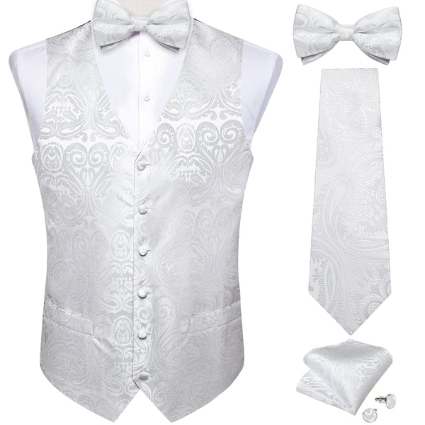 Pure White Paisley Jacquard Silk Men's Vest Hanky Cufflinks Necktie Bowtie Set