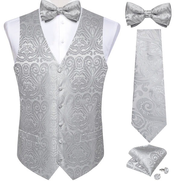 Silver Grey Paisley Jacquard Silk Men's Vest Hanky Cufflinks Necktie Bowtie Set