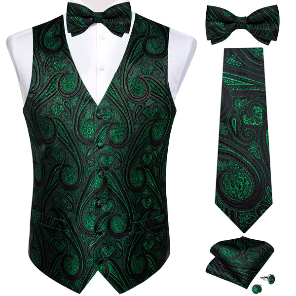Black Green Paisley Jacquard Silk Men's Vest Hanky Cufflinks Necktie Bowtie Set