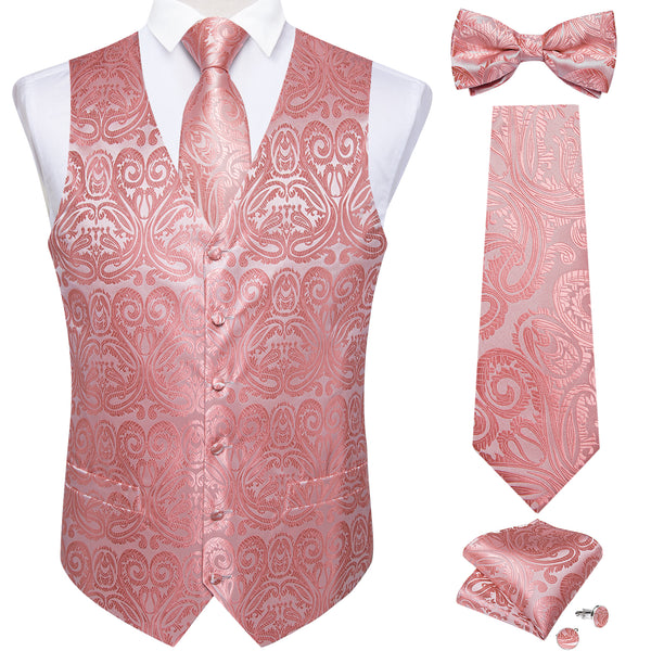 Silver Pink Paisley Jacquard Silk Men Vest Bow Tie Handkerchief Cufflinks Set