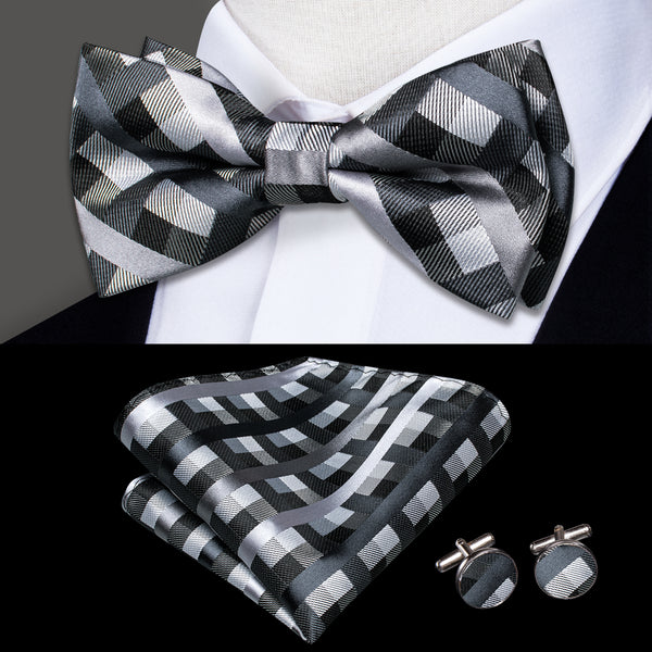 Black Grey Plaid Pre-tied Bow Tie Pocket Square Cufflinks Set