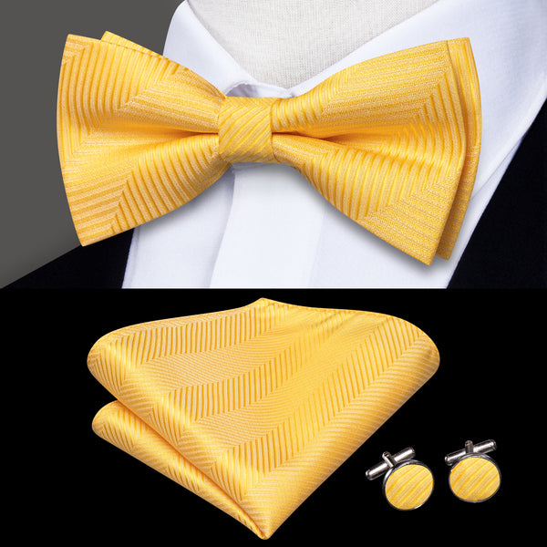 Yellow Striped Pre-tied Bow Tie Pocket Square Cufflinks Set