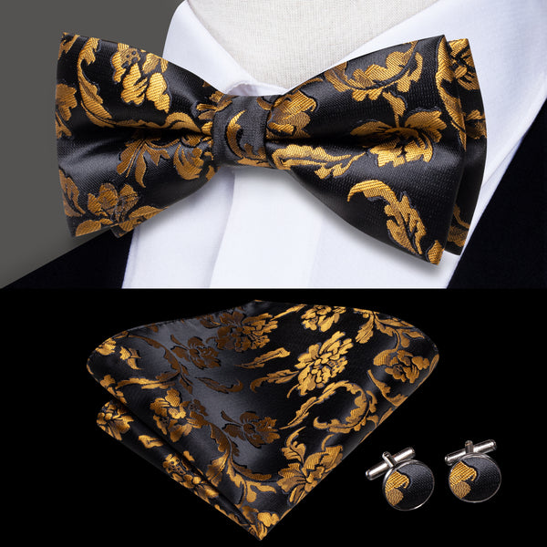 Black Golden Floral Men's Pre-tied Bowtie Pocket Square Cufflinks Set