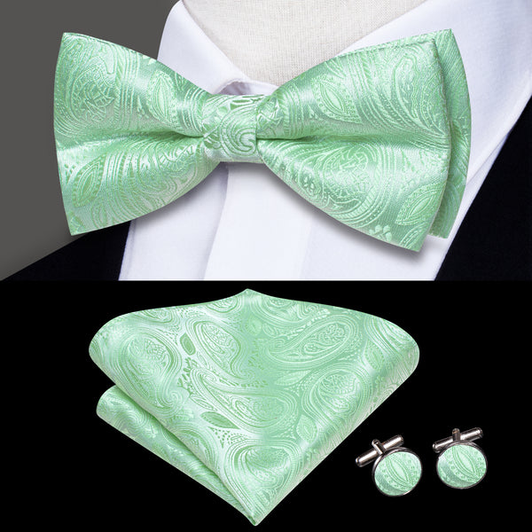 Mint Green Paisley Men's Pre-tied Bowtie Pocket Square Cufflinks Set