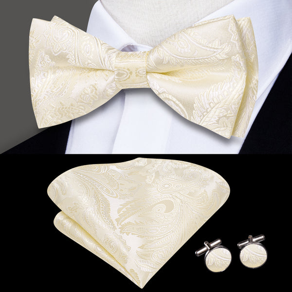 Ties2you Ivory Paisley Bowtie Pre-tied Formal Bow Tie Pocket Square Cufflinks Set