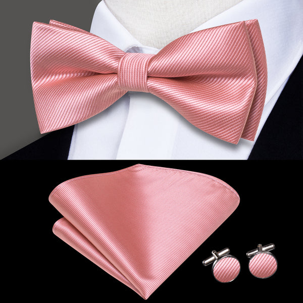 Leather Pink Striped Men's Pre-tied Bowtie Pocket Square Cufflinks Set