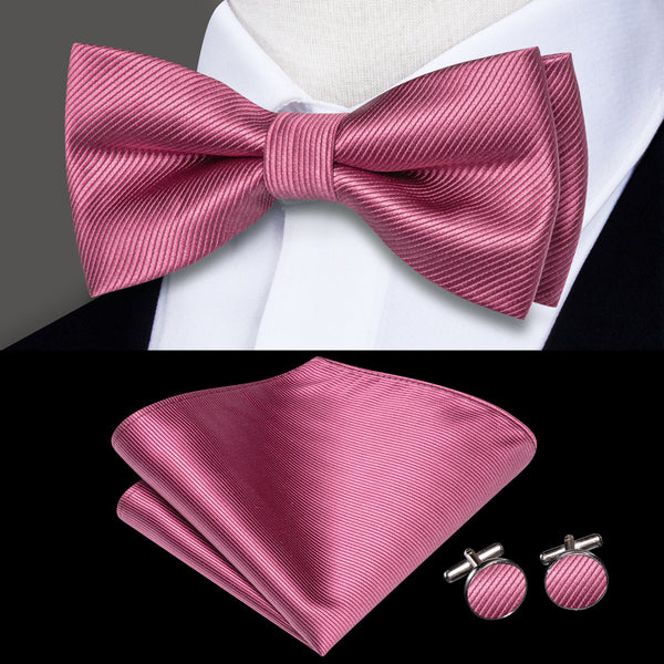 Rose Pink Striped Men's Pre-tied Bowtie Pocket Square Cufflinks Set