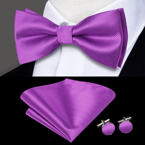 Purple Striped Men's Pre-tied Bowtie Pocket Square Cufflinks Set