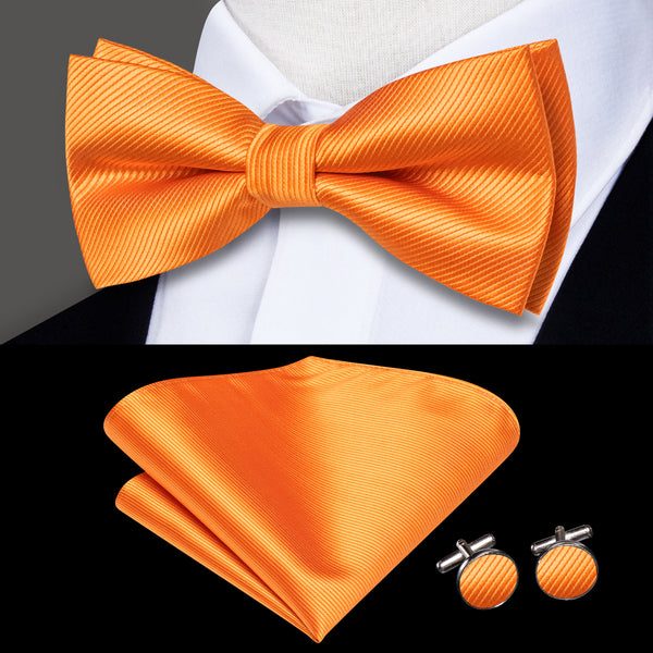 Orange Striped Men's Pre-tied Bowtie Pocket Square Cufflinks Set
