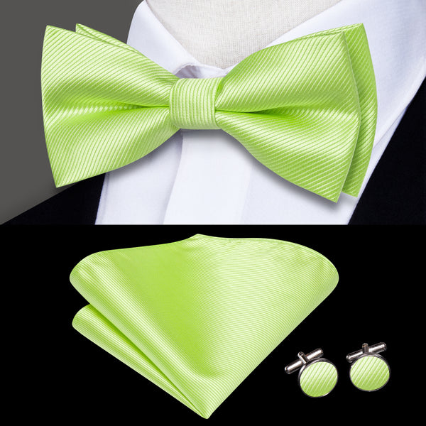 Fluorescent Green Striped Men's Pre-tied Bowtie Pocket Square Cufflinks Set