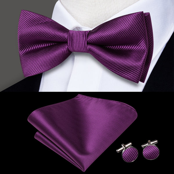 Dark Purple Striped Men's Pre-tied Bowtie Pocket Square Cufflinks Set