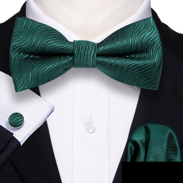 Dark Green Striped Pre-tied Bow Tie Pocket Square Cufflinks Set