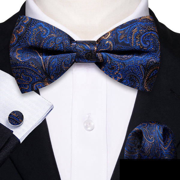 Ties2you Blue Tie Paisley Silk Men's Royal Blue Silk Pre-Tied Bow Tie Hanky Cufflinks Set